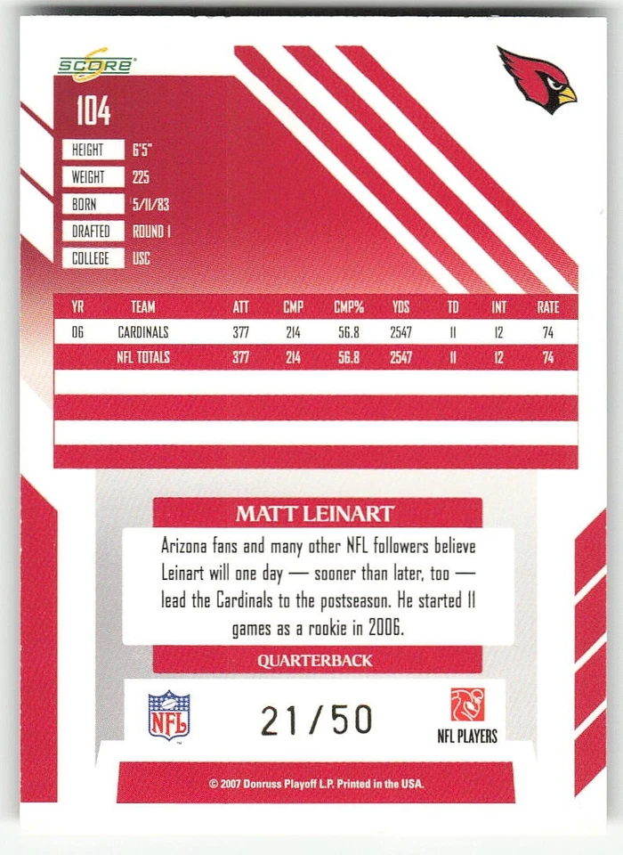 2007 Score #104 Matt Leinart FOOTBALL Arizona Cardinals - Image 2 of 2
