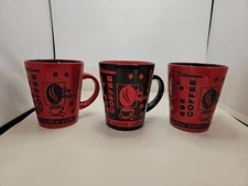 Mr Coffee brand red black mug cup set of 3 bean stoneware