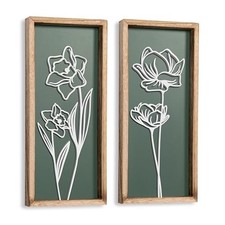 3D Floral Wall Art (Set of 2) Lightweight, Wooden Ready-to-Hang 7" x 16" Green
