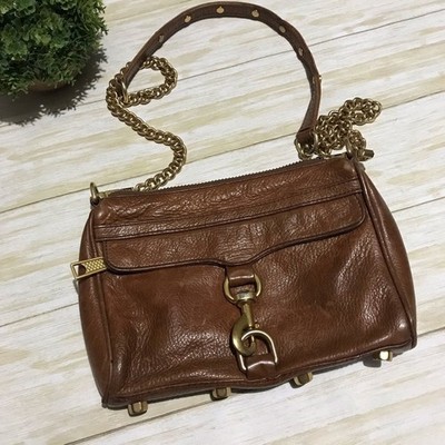 Rebecca Minkoff Brown Cognac Gold Textured Leather Chain Crossbody Bag Purse