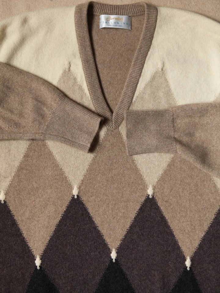 Vintage Ballantyne Cashmere Argyle Sweater Scotland Heavy Gauge Beige M - Bild 4 von 4