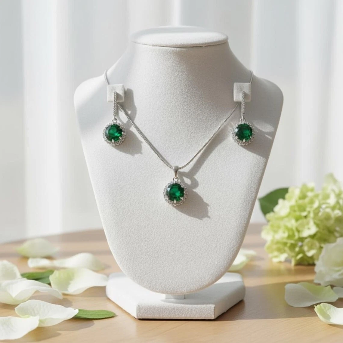 Parure Fantaisie Artisanale 3 Pièces Vert émeraude - Collier, Boucles, Bracelet - Neuf