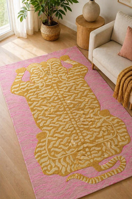 Handmade Wool Tiger Rug, Pink & Gold, Luxury Animal Print Carpet for living room