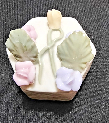 Enesco Trinket Box Raised/Applied Flower Hand Painted tulips, roses, & hyacinths