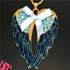 Hot Fashion Women Blue Enamel Cute Bow Wings Crystal Pendant Chain Necklace