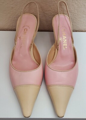 AUTH. CHANEL SOFT PINK & IVORY POINTED TOE LEATHER SLINGBACK AUTH. CHANEL SOFT PINK & IVORY POINTED TOE LEATHER SLINGBACK