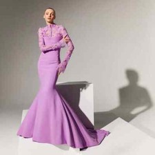 Elegant Purple Evening Dresses Long Sleeve High Neck Lace Mermaid Chapel Train