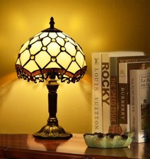 Tiffany Style Stained Glass Beige Vintage Shade Desk Bedside Table Lamp 14" Tall