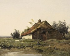 Vintage Country Cottage Landscape Painting Giclee Print on Fine Art Paper