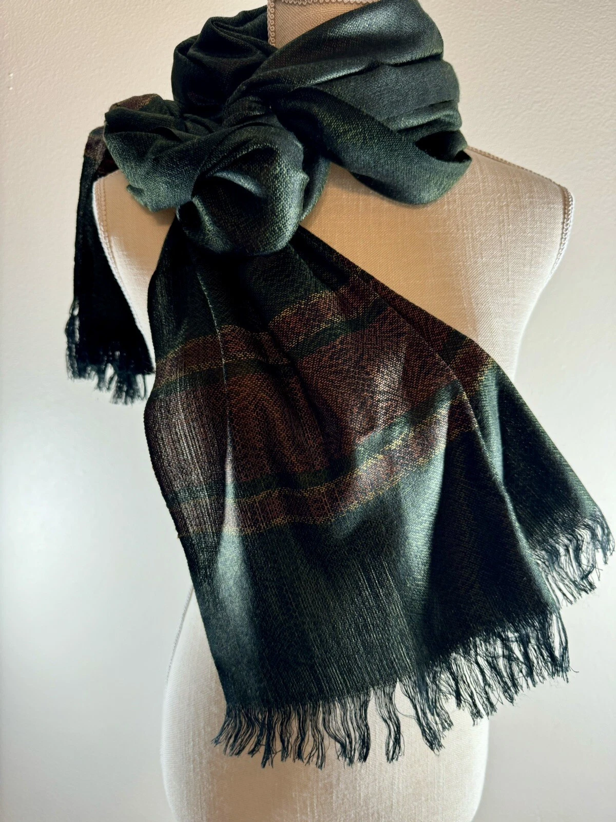 Pashmina Scarf Shawl/ Wrap Hunter Green & Brown 6 ft long, 25 in wide