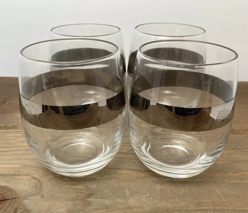 4 Vintage MCM Roly Poly Glasses Construction Ad Platinum Band 12 oz