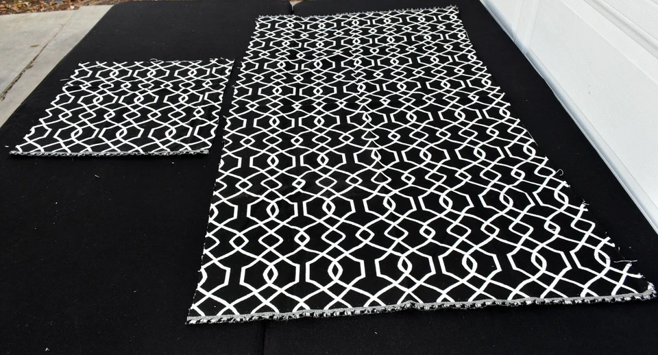 Vintage Black White Geometric Upholstery Fabric Remnant 56" x 30" + 19" x 21" - Image 3 of 4