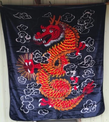 DRAGON CHINESE LUCKY MYTHICAL FANTASY CLOUDS QUEEN SIZE BLANKET BEDSPREAD