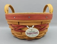 Longaberger 1999 Tree Trimming Red & Brown Small Round Basket Peppermint Tie-on