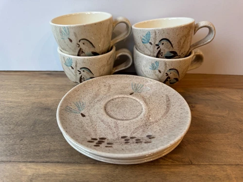Lot of 4 Vintage Red Wing Pottery Bob White Quail Coffee Mug + 6 1/2" Saucer Set
