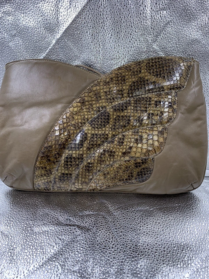 复古 20 世纪 70 年代棕色人造皮革和蛇皮手拿包 De Luigi Luis 出品 — 第 2/4 张图片
