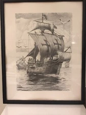 Vintage Pencil Etch By A. Karoly And L. Szanto 1889-1965 Harbor Scene 14x11”