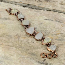 Rainbow Moonstone Rough Copper Love Gift Electroformed Adjustable Bracelet 6.0"