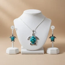 Turquoise Jewelry Sea Turtle Dangle Earrings and Necklace: Sterling Silver