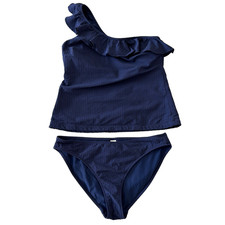 Vineyard Vines Seersucker One Shoulder Ruffle Tankini Top XS Bottoms S Navy EUC