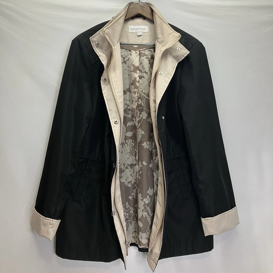 Breckenridge Womens Black & Tan Funnel Neck Mid Length Lined Zip Jacket Coat L - Image 3 of 4