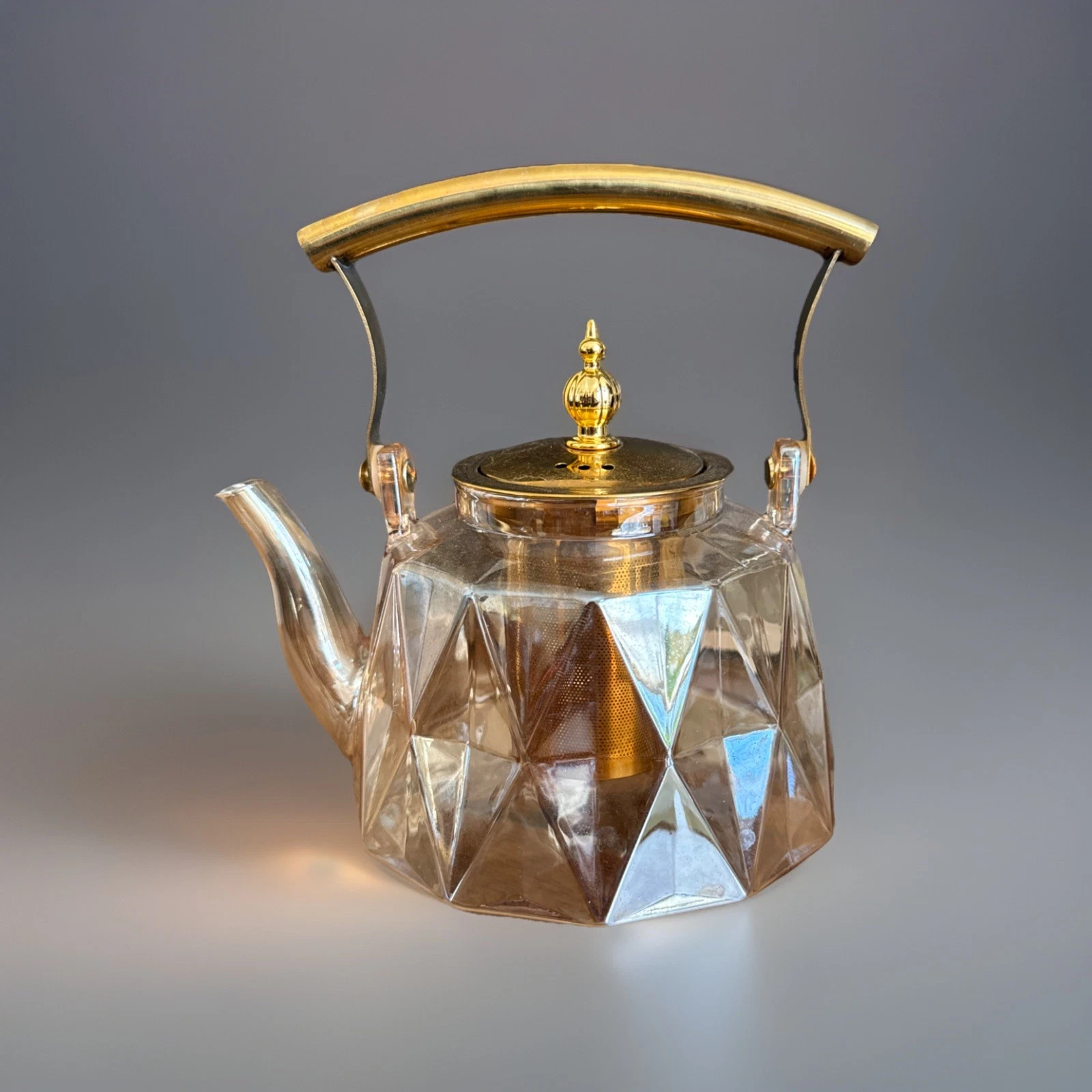 Charbrew Patterned Amber Borosilicate 1000 ml Teapot Gold Lid,Infuser & Handle