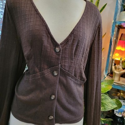 Nordstrom Cardigan Cropped Henley Sweater Cottagecore Dark Brown Fall Top LARGE