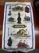 Vintage Kay Dee Designs Down By Station Linen Tea Towel Kitchen Trains 30 X18.5"