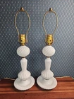 Pair Vintage 3 Tiered Milk Glass Swirl Table Lamps Boudoir Mid Century 20.5"