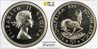 South Africa Silver 5 Shillings 1957 PCGS PR65 Proof