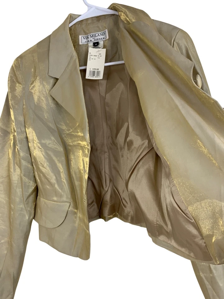 VTG Via Milano Gold Shimmer Crop Blazer By Tina Hagen Size S RY10368 NWT - Image 2 of 4