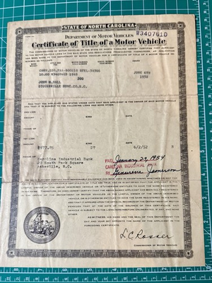 #ad 1952 North Carolina Certificate Of Title Of A Motor Vehicle — 1948 Chevy 2 Door $99.00