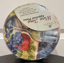 Cypress Home Appetizer plates 4 discontinued pattern New W/wine Glass Slot