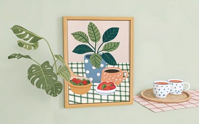 Tee Erdbeeren Frühstück Tischlampe Küche Galerie Wand Teetasse Retro Essen Dez