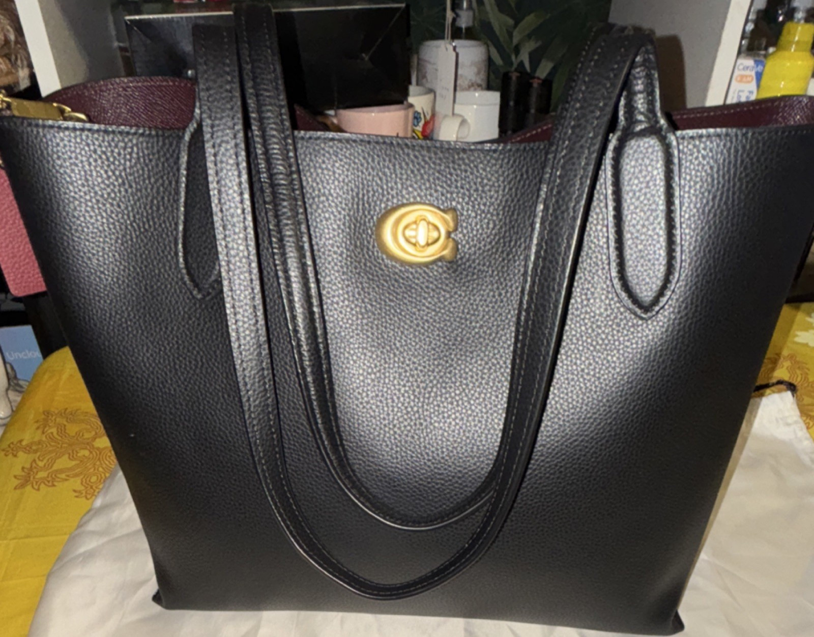Coach Black Pebbled Tote Bag with Gold Turn Lock & Logo Accent | eBay