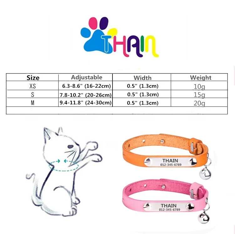 Cat Kitten Collar Personalised Genuine Leather with Bell Custom nameplate id tag