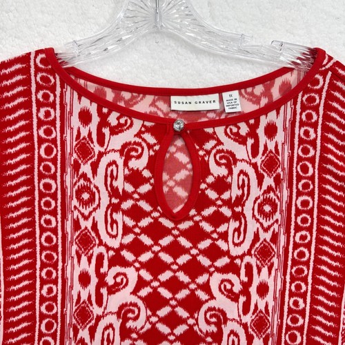 Susan Graver Liquid Knit Top Bold Red Print Keyhole Front Travel Comfort Size 1X - Picture 2 of 10