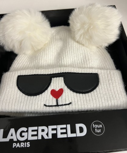 New KARL LAGERFELD PARIS Beanie & Mitten Cream Faux Fur Gift Set - Picture 21 of 24