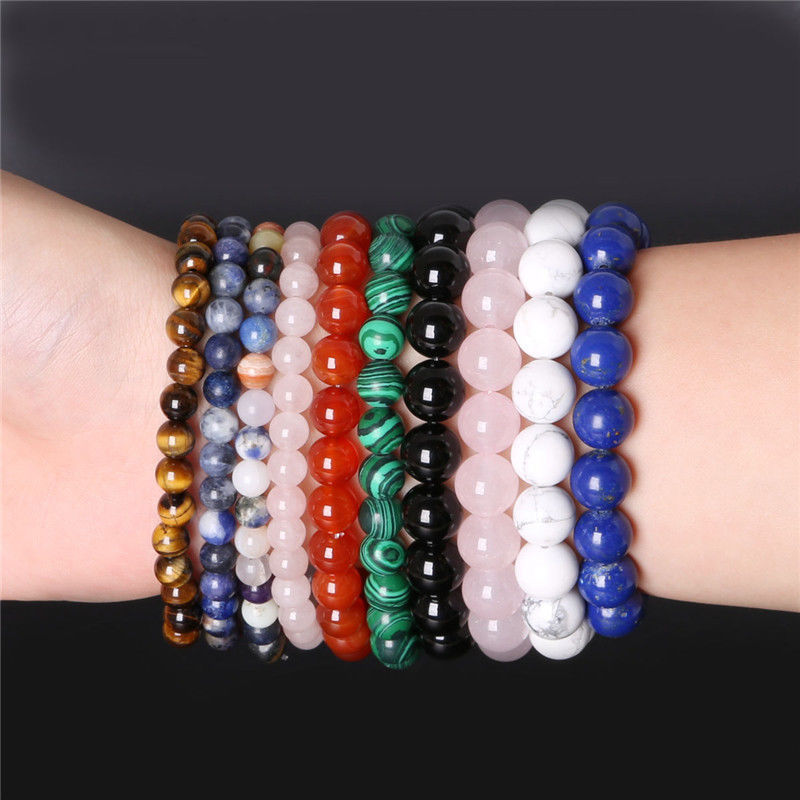 Natural Gemstone 8mm Round Bead Stretch Bracelet | 7 Inch Unisex Handmade Bracelet