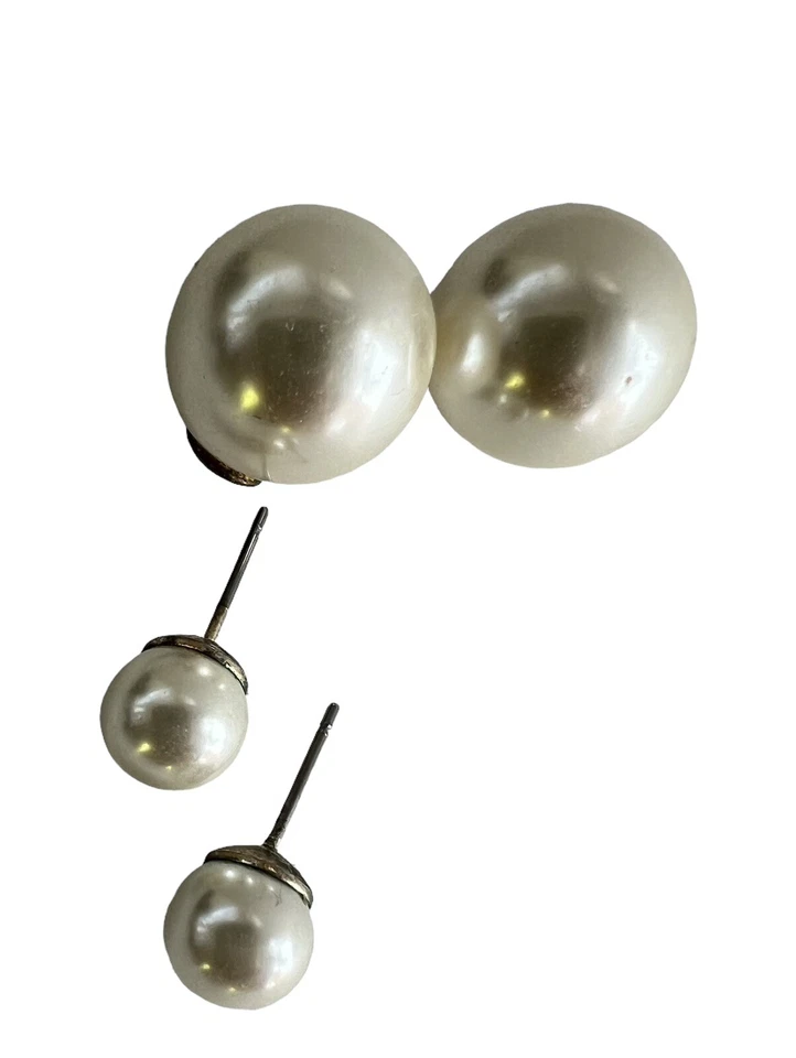 Kenneth Jay Lane KJL 2 aretes dobles perlas de vidrio blanco orejas perforadas Foto 3 de 4