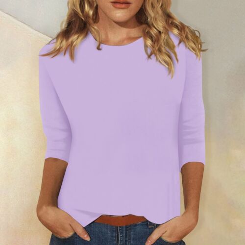 Damenmode lässiges Dreiviertelärmel T-Shirt einfarbig O-Ausschnitt Tops - Bild 15 von 24