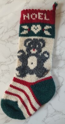 Vintage Handmade Christmas Stocking Knit Teddy Bear Noel Heart A19