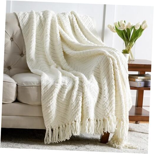 Soft Ivory Textured Knit Throw Blanket for Couch, 50