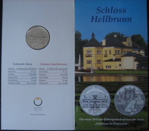 MDS ÖSTERREICH 10 EURO 2004 HGH "SCHLOSS HELLBRUNN" IM FOLDER, SILBER #BOX A