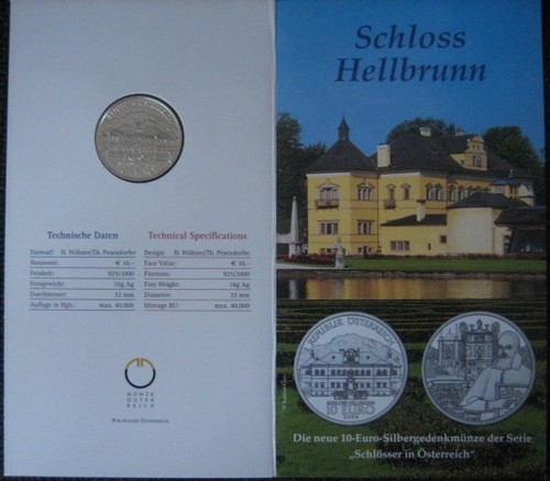 MDS AUSTRIA 10 EURO 2004 HGH "SCHLOSS HELLBRUNN" W FOLDERZE, SREBRO #BOX A - Zdjęcie 1 z 2