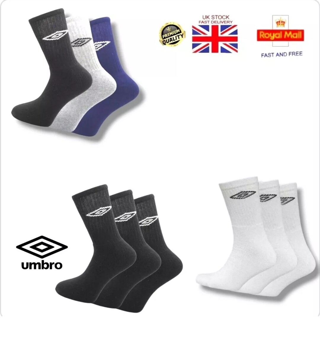 New Men's Official Umbro trainer crew Socks White Black Size 6-11,  9-12