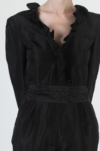 Vtg Black Cocktail Party Belt Jumpsuit Deep V Ruffle Minimalist Pockets Playsuit - Picture 7 of 7