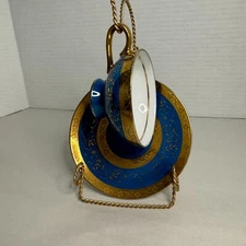 Vintage Arnart 5th Ave Hand Painted Cup & Saucer Blue Gold