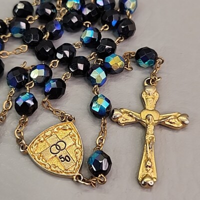 50th Anniversary Rosary Vitrail Glass Beaded Iridescent 5 Decade Catholic 21.75''