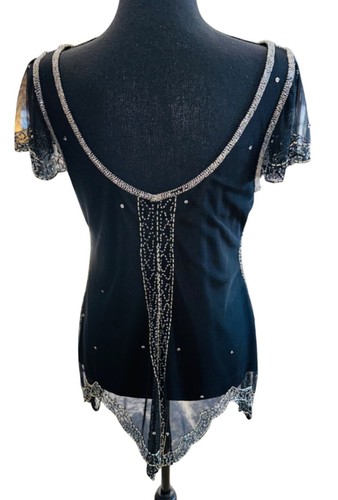 Art Deco-Inspired Black Beaded Fringe Sequin Top Scala L Retro 70s 90s Party - Picture 2 of 12